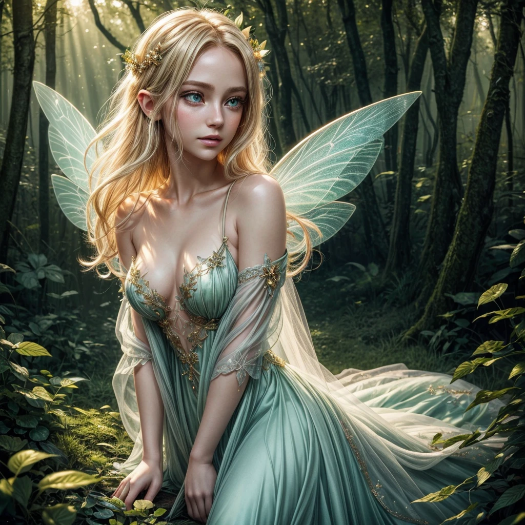 A beautiful blonde-haired green-eyed fairy girl, detailed portrait, detailed face, beautiful detailed eyes, beautiful detailed lips, extremely detailed eyes and face, long eyelashes, delicate porcelain skin, whimsical expression, ethereal aura, fairy wings, glowing magical energy, lush fantasy forest background, sunbeams, golden hour lighting, vibrant colors, cinematic lighting, photorealistic, 8k, best quality, masterpiece