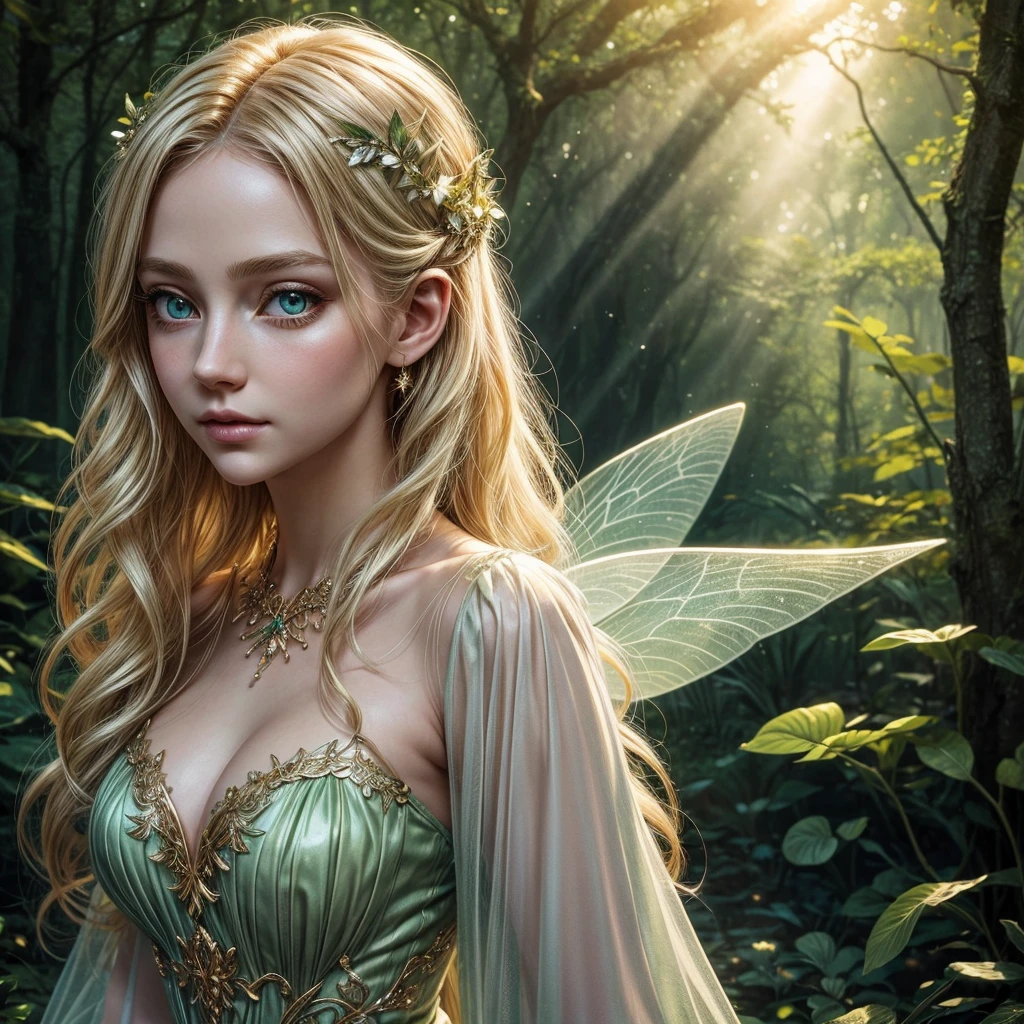 A beautiful blonde-haired green-eyed fairy girl, detailed portrait, detailed face, beautiful detailed eyes, beautiful detailed lips, extremely detailed eyes and face, long eyelashes, delicate porcelain skin, whimsical expression, ethereal aura, fairy wings, glowing magical energy, lush fantasy forest background, sunbeams, golden hour lighting, vibrant colors, cinematic lighting, photorealistic, 8k, best quality, masterpiece