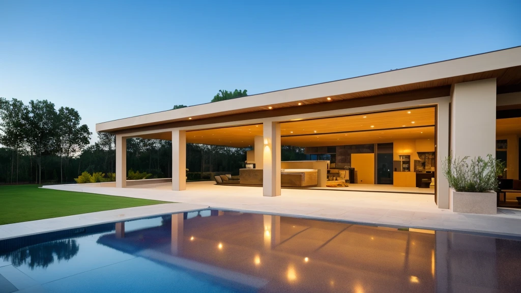 House with a huge patio , perfectly polished ceramic floors , a pool, walls and glass structure add footings to the foundation of the house, a garage for 5 vehicles 