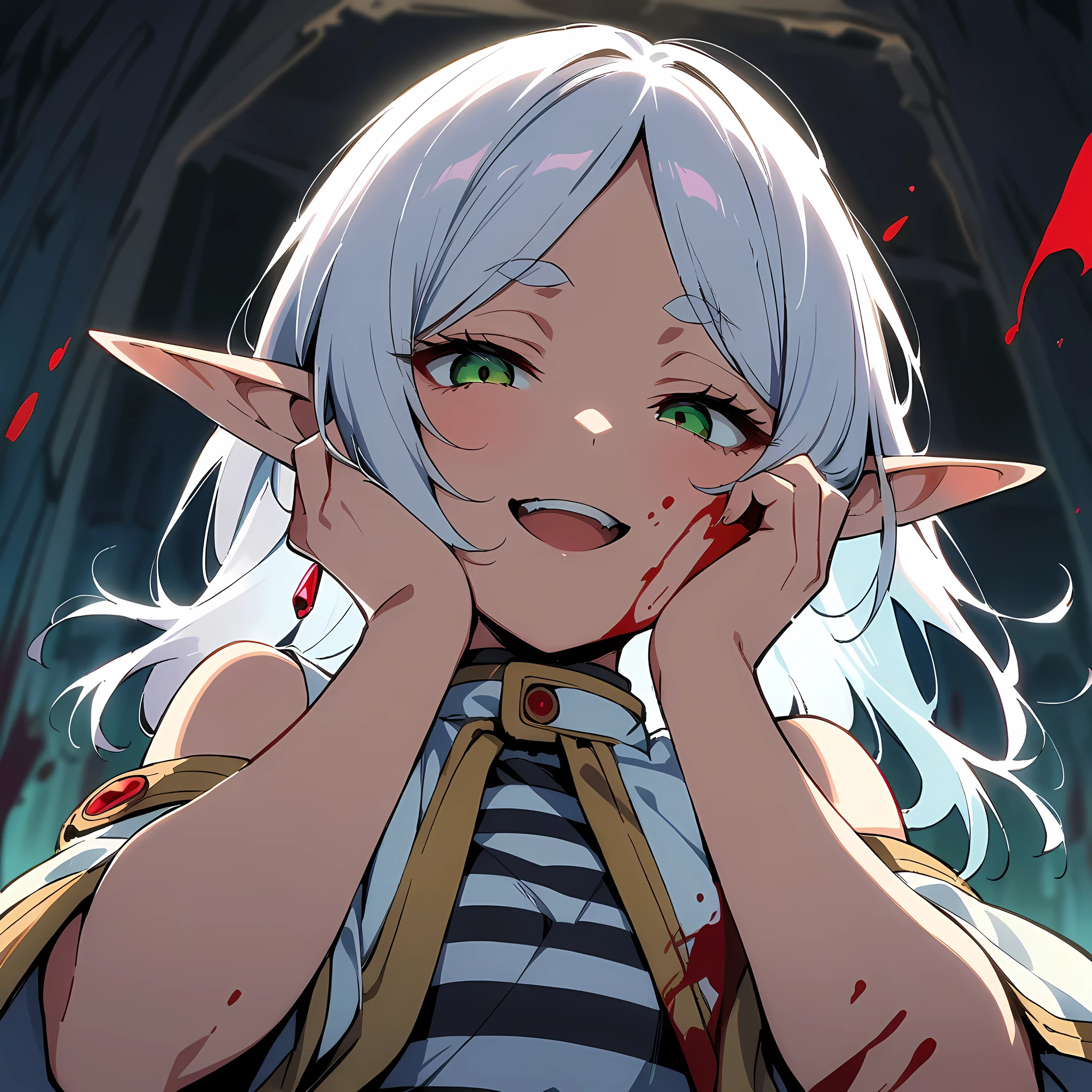 backlighting, from below, 1girl, upper body,face close-up,smile, open_mouth,blood_on_face,blood_on_body, yandere, blush, yandere_trance, shadow_on_eyes, shaded_face,hands_on_own_cheeks, hands_on_own_face,looking_at_viewer, bare_shoulders,bare_arms,Dark Environment,hell,masterpiece, best quality, very aesthetic, absurdres, horror, blood,death,ruin,black background,frieren,sousou_no_frieren,elf, green_eyes, grey_hair, white_hair, long_hair, parted_bangs, pointy_ears, dangle_earrings, drop_earrings, earrings, white_capelet, capelet, long_sleeves, shirt, striped_clothes, striped_shirt, pantyhose,