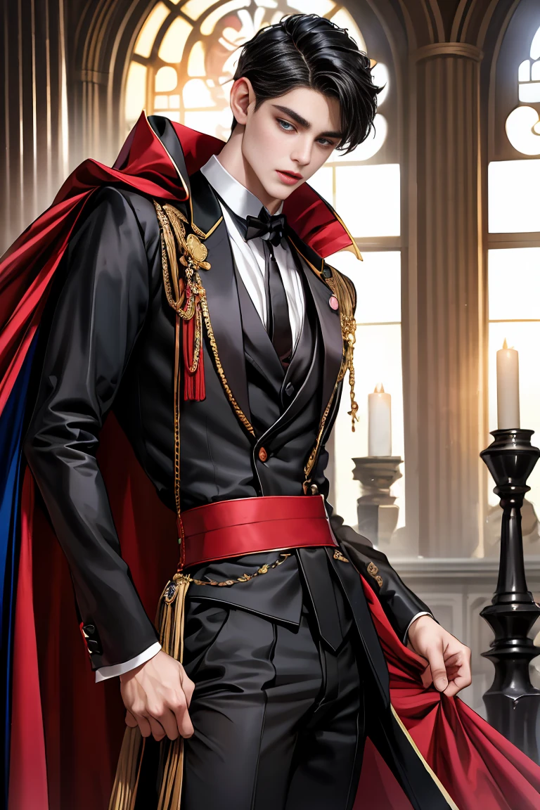 masterpiece, 最high quality, high quality, 1 boy, alone, Male focus, Watching the audience, Messy black hair, Adorable big blue eyes, White people, Noble, Noble,Sexy voluminous black and red cape、Tuxedo、A very voluminous, large, very large, very large, long, long red and black cape with a high stand-up collar, reaching down to the floor, made of a lot of fabric., 17 years old,Cute beautiful boys,Cute, cute, kind, handsome guy
