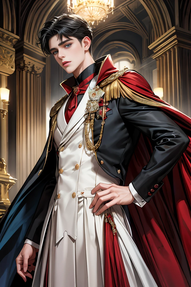 masterpiece, 最high quality, high quality, 1 boy, alone, Male focus, Watching the audience, Messy black hair, Adorable big blue eyes, White people, Noble, Noble,Sexy voluminous black and red cape、Tuxedo、A very voluminous, large, very large, very large, long, long red and black cape with a high stand-up collar, reaching down to the floor, made of a lot of fabric., ,Cute beautiful boys,Cute, cute, kind, handsome guy