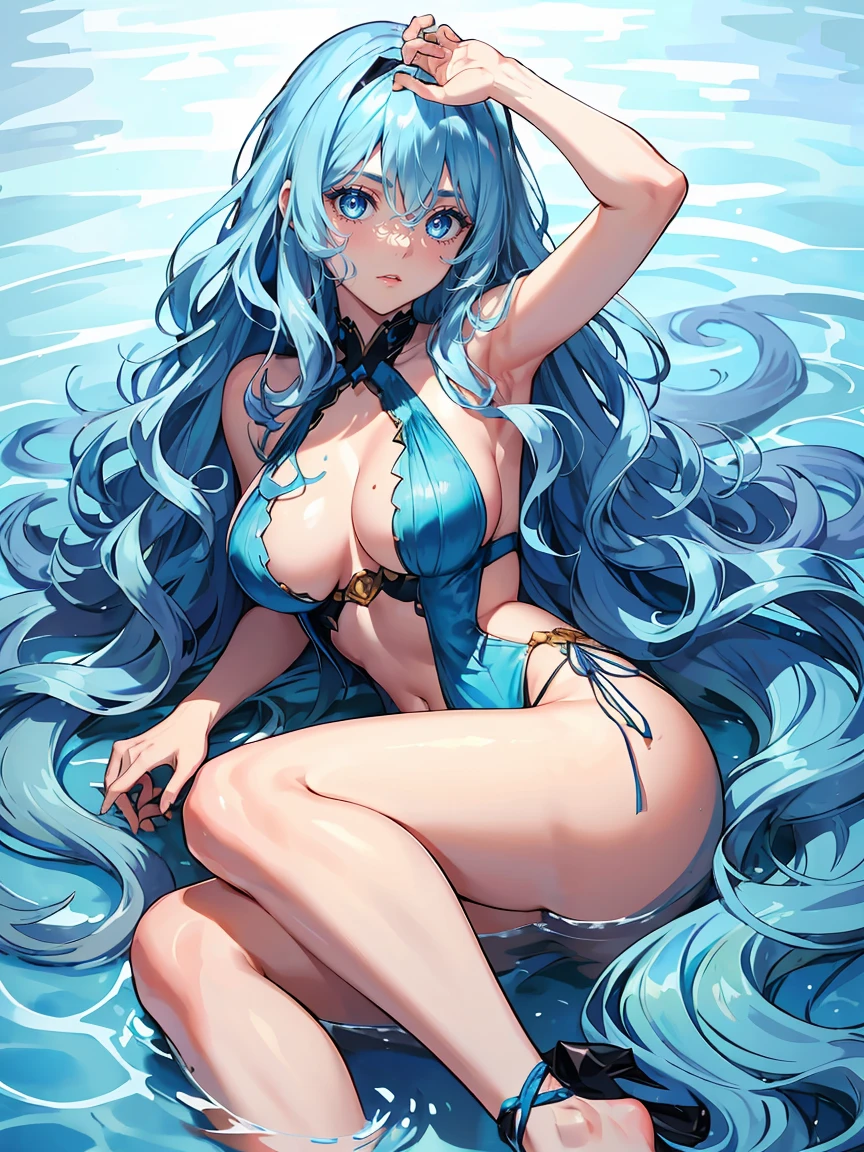 handsome girl, blue-eyes，blue pupils，Long blue hair，Hyperresolution，accuracy，Detailed rendering，（Subtle facial image）（Image of fine hair）（topquality）（Masterpieces of masters）（High degree of completeness）（A sense of atmosphere）tmasterpiece，Super detailed and super detailed（half-body portrait), long wavy blue hair, merfolk, (((larger breasts))), in water, (((tHICK WAVY HAIR)))(((ANKLE LENGTH HAIR)))(((sleep robe)))(((nAKED)))