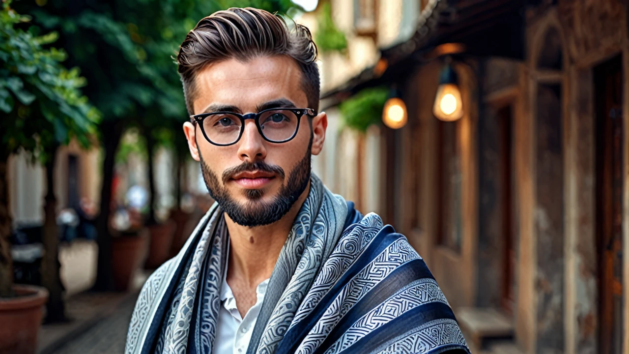 wide field of view, centred, dynamic pose, beautiful modern and elegant young man having short beard with expressive eye glasses and shawl on shoulders , highy detailed, 4K, hdr, sharp focus, high resolution, excellent composition, cinematic atmosphere, precise correct anatomy, aesthetic detail of the face image