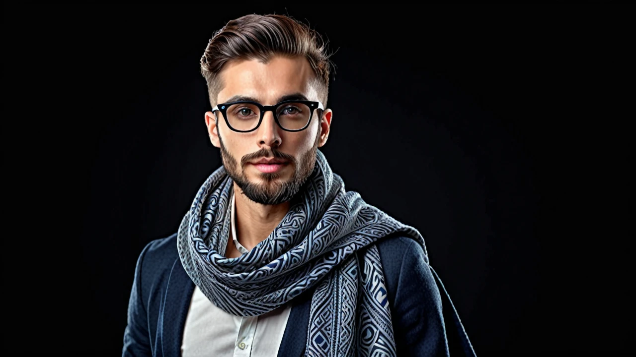 wide field of view, centred, dynamic pose, beautiful modern and elegant young man having short beard with expressive eye glasses and shawl on shoulders , highy detailed, 4K, hdr, sharp focus, high resolution, excellent composition, cinematic atmosphere, precise correct anatomy, aesthetic detail of the face image