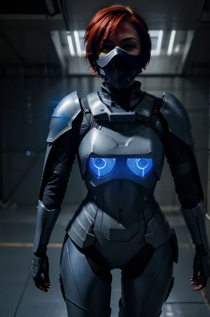 Advance armored girl, grey hood and cape, background dark space battlefield, heavy rain, red short hair, blue glowing beautiful eyes, (full body shot), blue glowing lined simple armor plate, dark environment, high detailed face, Advance mask, intense war,