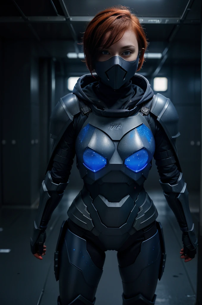 Advance armored girl, grey hood and cape, background dark space battlefield, heavy rain, red short hair, blue glowing beautiful eyes, (full body shot), blue glowing lined simple armor plate, dark environment, high detailed face, Advance mask, intense war,