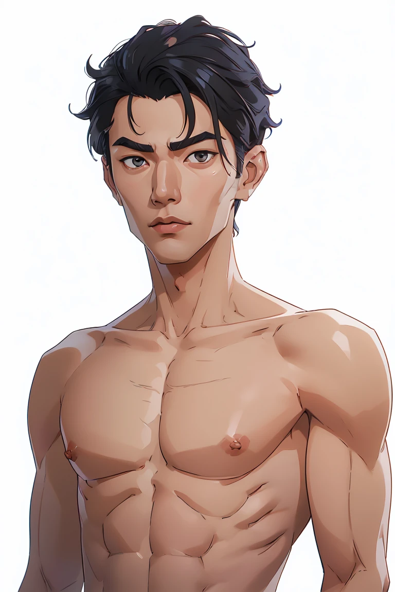 Teenage picture of actor Ben Wang, teen, (15 years old), asian boy, ((exaggerated large head, exaggerated scrawny body, thin body)), ((comically thin, starving)), (bowl haircut), 4k, highly detailed, ((((nude)))), ((((((upper body portrait)))))), ((plain white background))
