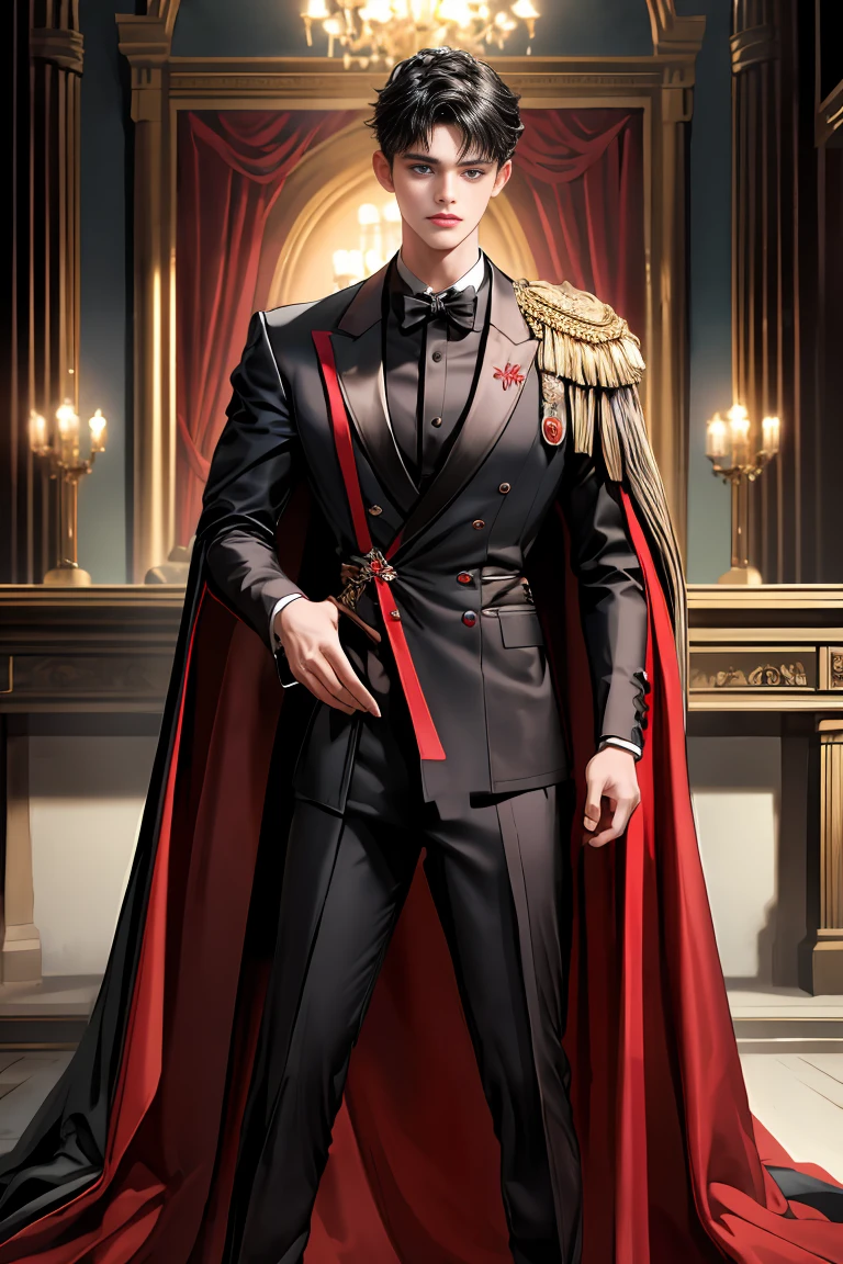 
masterpiece, 最high quality, high quality, 1 boy, alone, Male focus, Watching the audience,  Messy black hair, Adorable big blue eyes, White people, Noble, Noble,Sexy voluminous black and red cape、Tuxedo、A very voluminous, large, very large, very large, long, long red and black cape with a high stand-up collar, reaching down to the floor, made of a lot of fabric., 17 years old,Cute beautiful boys,Cute, cute, kind, handsome guy