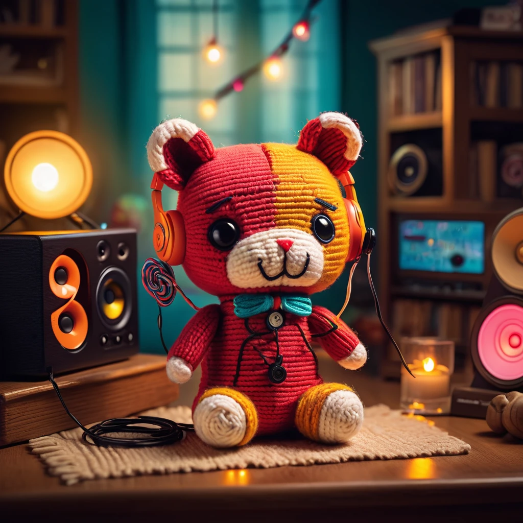 (knitted toy voodoo doll:1.7), (Voodoo Hamster:1.3), (Music Lover:1.3), (Clothing: tiny headphones with musical notes:1.0), (Accessories: enchanted mp3 player emitting colorful lights, levitating music notes:1.1), (background: cozy living room with floating records, glowing speakers, and spectral instruments:1.2), best quality, masterpiece, detailed soft oil painting, detailed background, dramatic cinematic lighting, soft edge lighting, professional, dramatic lighting, hard edge lighting, ultra quality, 4k, masterpiece, best quality, 8k, ultra high definition, high resolution, extremely detailed