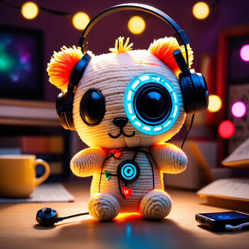 (knitted toy voodoo doll:1.7), (Voodoo Hamster:1.3), (Music Lover:1.3), (Clothing: tiny headphones with musical notes:1.0), (Accessories: enchanted mp3 player emitting colorful lights, levitating music notes:1.1), (background: cozy living room with floating records, glowing speakers, and spectral instruments:1.2), best quality, masterpiece, detailed soft oil painting, detailed background, dramatic cinematic lighting, soft edge lighting, professional, dramatic lighting, hard edge lighting, ultra quality, 4k, masterpiece, best quality, 8k, ultra high definition, high resolution, extremely detailed
