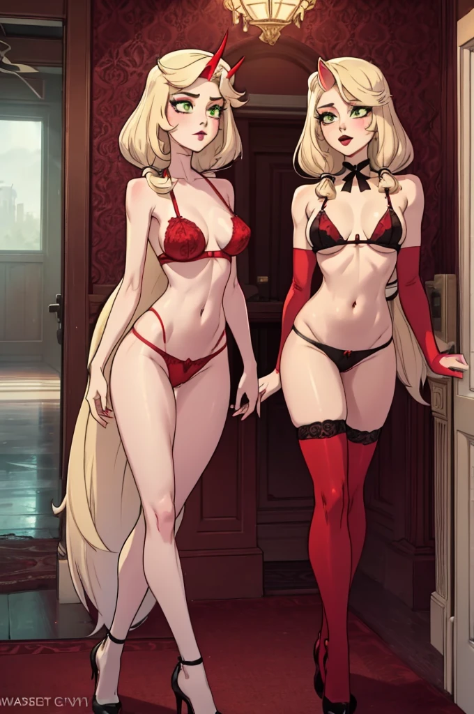 cute young girl with slender body and Gray-green eyes, blonde hair and small red horns on the head, black lips, thick ass and legs, flat breast, flat tits, black butterfly on the neck, red bra with a white insert, long red silk gloves, long red silk stockings, red panties with a white insert, only one character