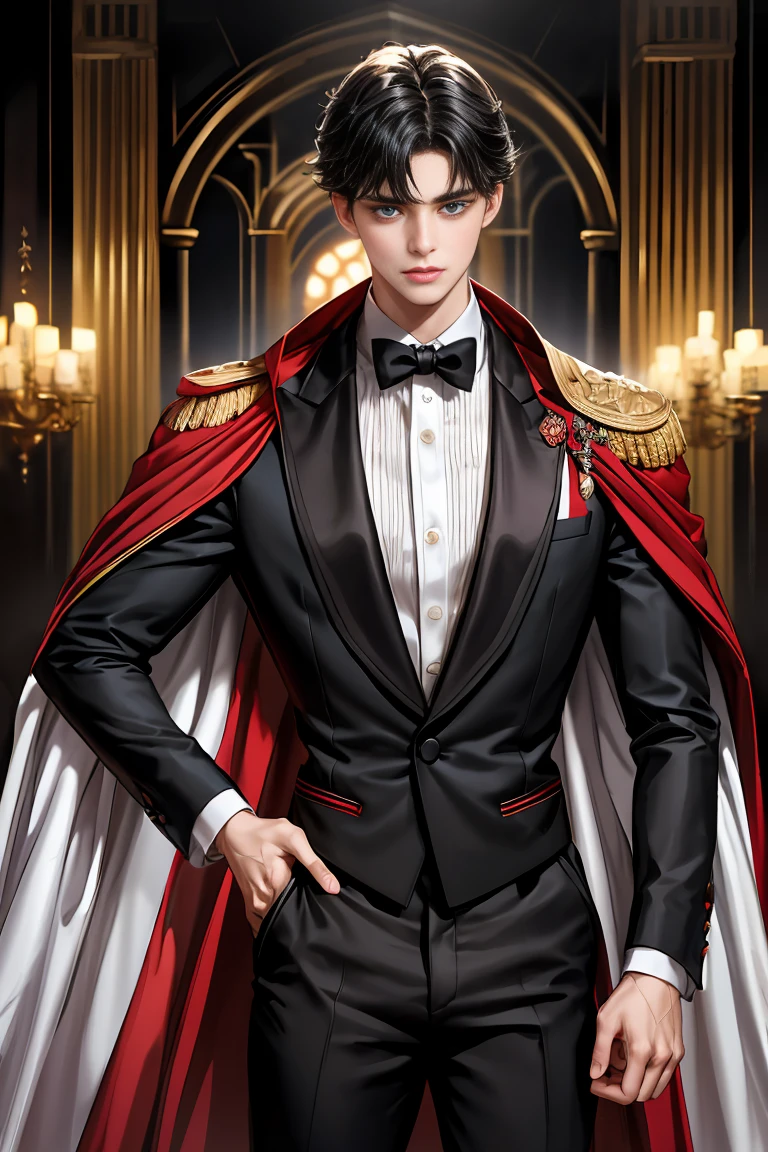 masterpiece, 最high quality, high quality, 1 boy, alone, Male focus, Watching the audience, Messy black hair, Adorable big blue eyes, White people, Noble, Noble,Sexy voluminous black and red cape、Tuxedo、A very voluminous, large, very large, very large, long, long red and black cape with a high stand-up collar, reaching down to the floor, made of a lot of fabric., ,Cute beautiful boys,Cute, cute, kind, handsome guy