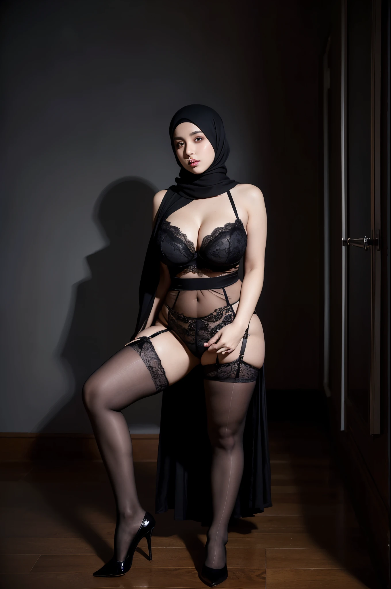 21 year old girl, hijab, (Wearing black dress, open shoulders), bare shoulders, cleavage, very big breasts, big thighs, curvy body, crawl pose. (Wearing black lace stockings, garter belt). Dark room