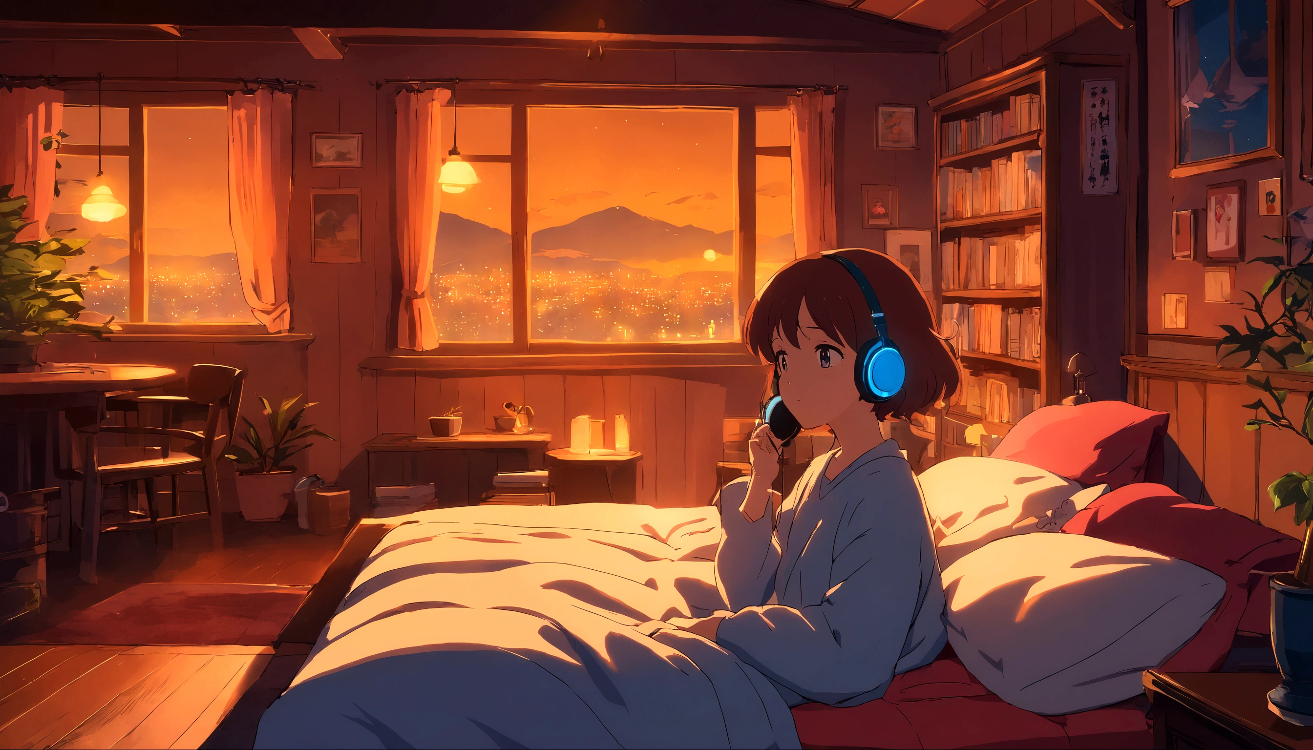 Girl sleeping in cozy room at night, Using headphones, 2D style anime, Low Fidelity, harddisk, Dark Environment