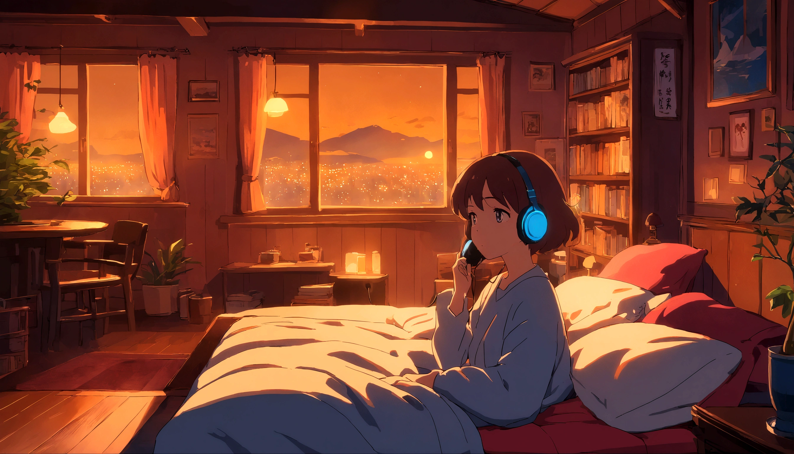 Girl sleeping in cozy room at night, Using headphones, 2D style anime, Low Fidelity, harddisk, Dark Environment