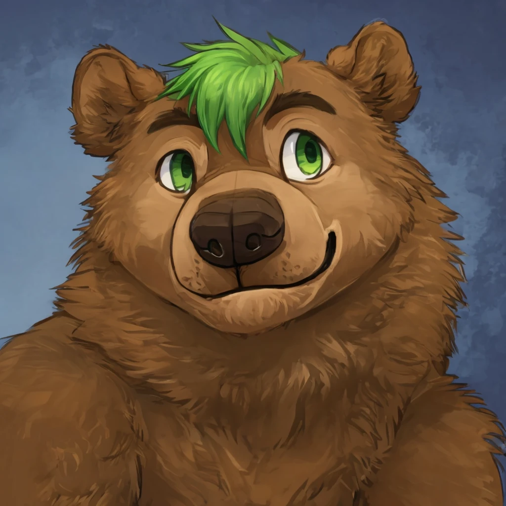 a anthropomorphic grizzly bear with green hair, closed smile, high quality furry art, cute.