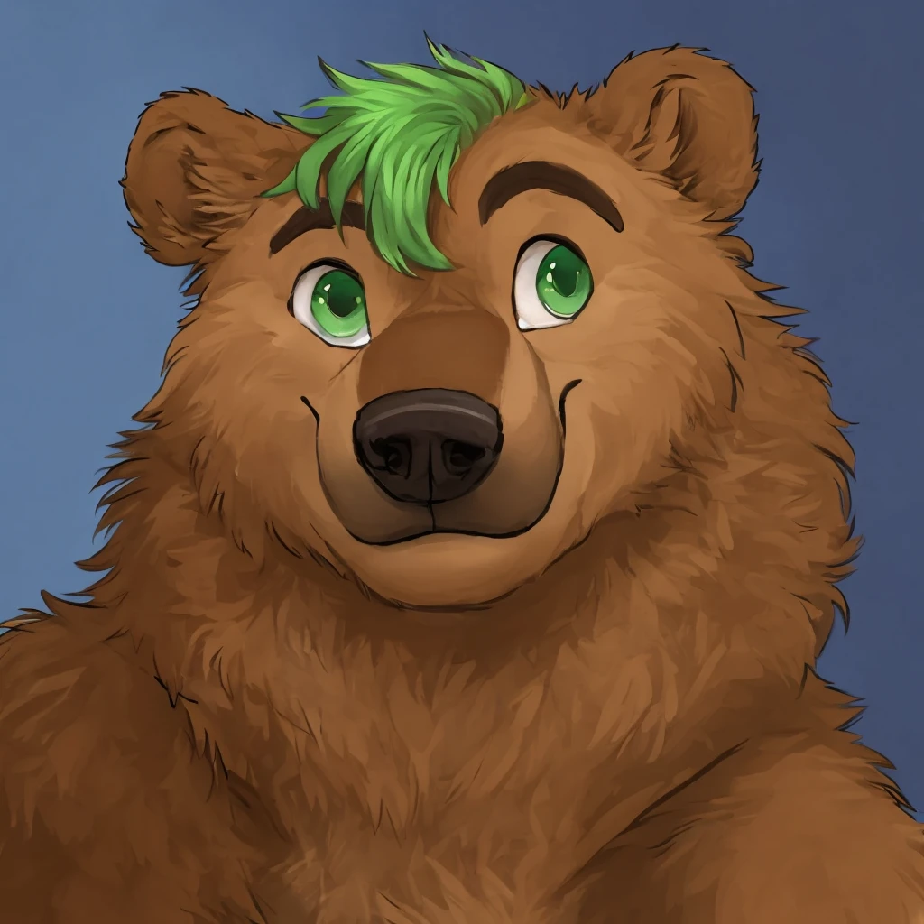 a anthropomorphic grizzly bear with green hair, closed smile, high quality furry art, cute.