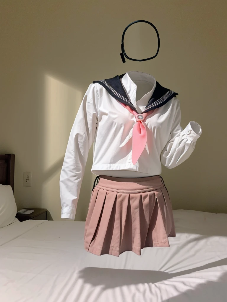 bright pink school sailor suit, highly detailed, 1girl,lying on bed, (invisible, no human, headless, handless:1.5), (8k, RAW photo, best quality, masterpiece:1.2), (realistic, photo-realistic:1.37), photon mapping, radiosity, ((Hasselblad photography)), physically-based rendering