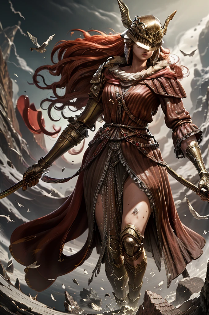 there is a woman with a sword and a HELMET WITH BIRD WINGS,   in her hand, REMOVING HELMET POSE  cgi game style artwork, fantasy artwork, miquella , eldenring , fantasy armor , anime fantasy illustration, fantasy art behance, kvothe from name of the wind, deviantart artstation cgscosiety, fanart best artstation, epic fantasy style art, anime girl with a bow and arrow