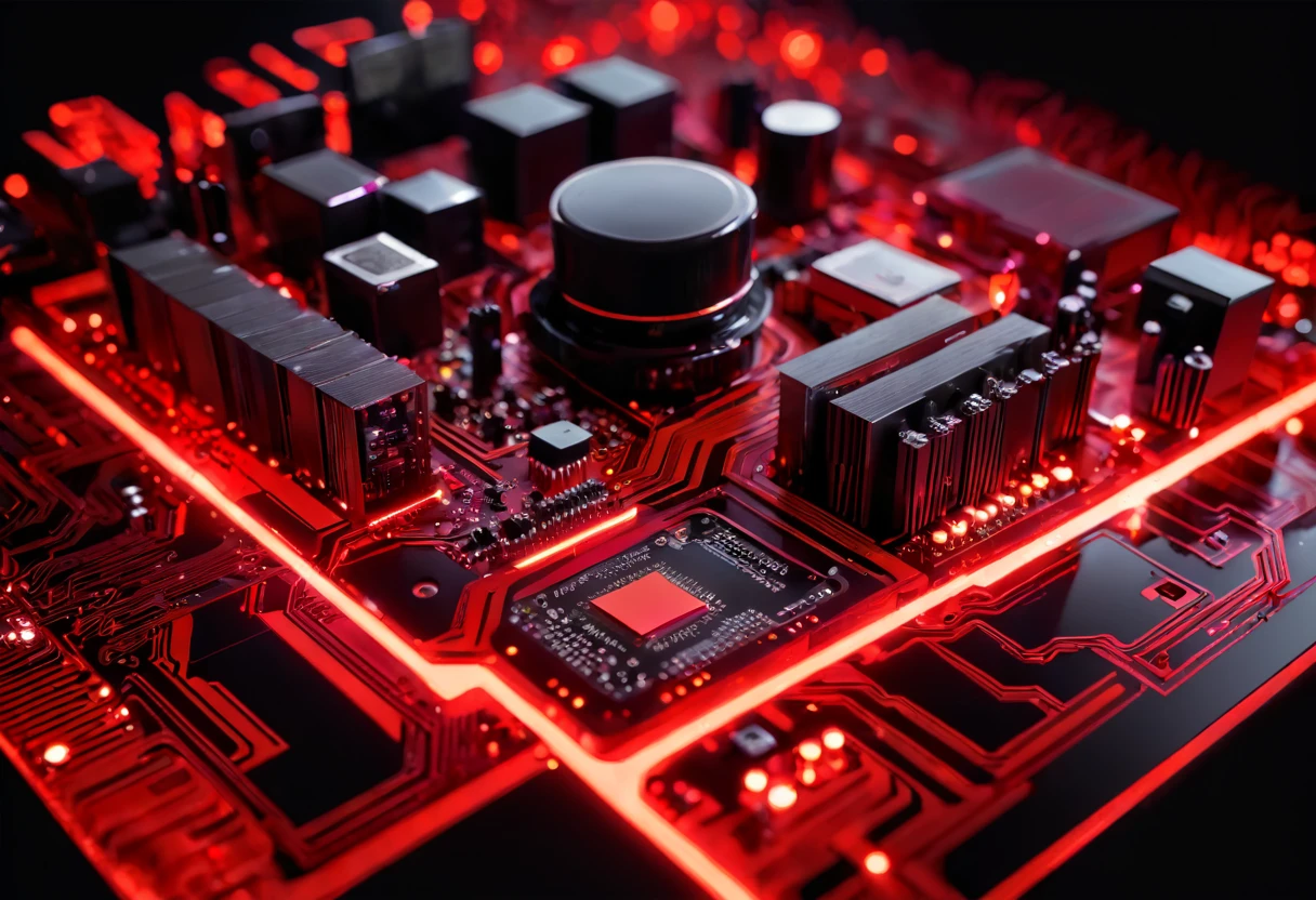 tech, house music, red, black, glowing, circuit board