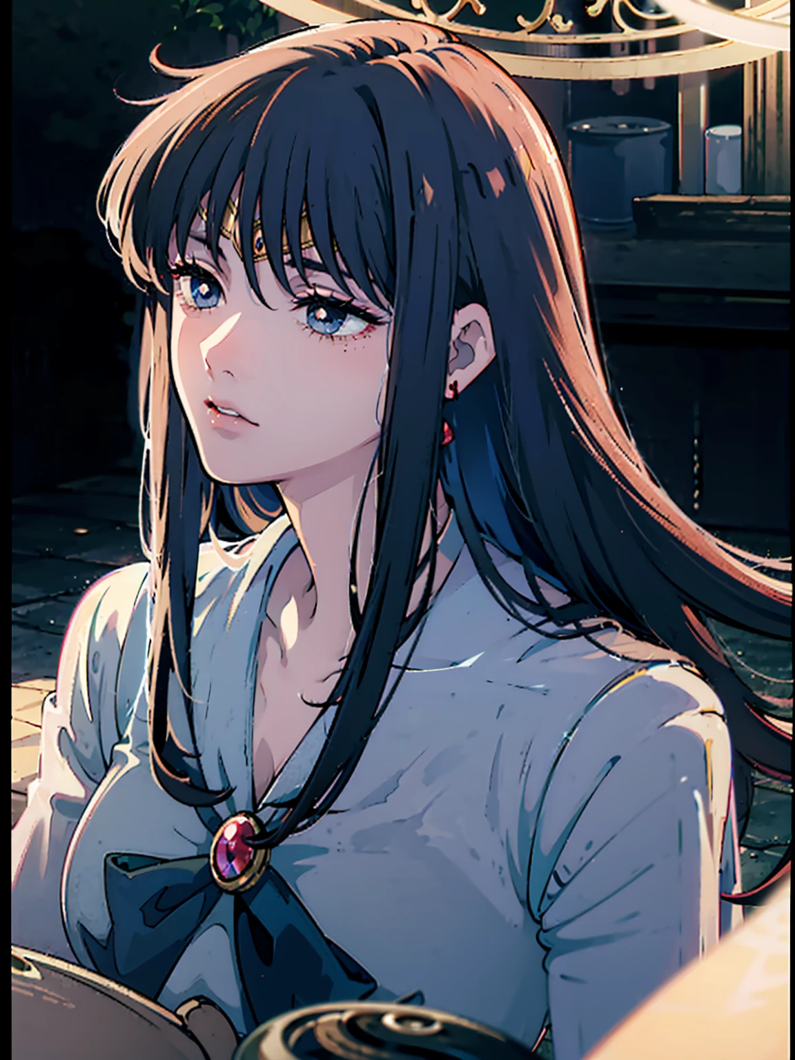 Sailor Mars, Unhealthy face;1.5, Dark Eyes;1.5, Dark circles under the eyes, Long Hair, Long Bangs, Eyes through the bangs, Big eyes, Blue Eyes