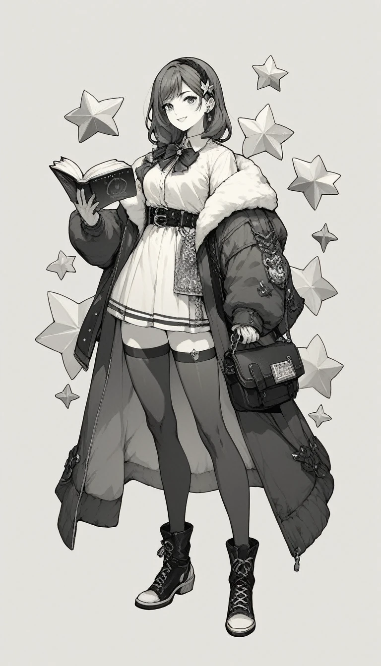 black and white, line art, no shading, full body, live2D character, coloring book style 