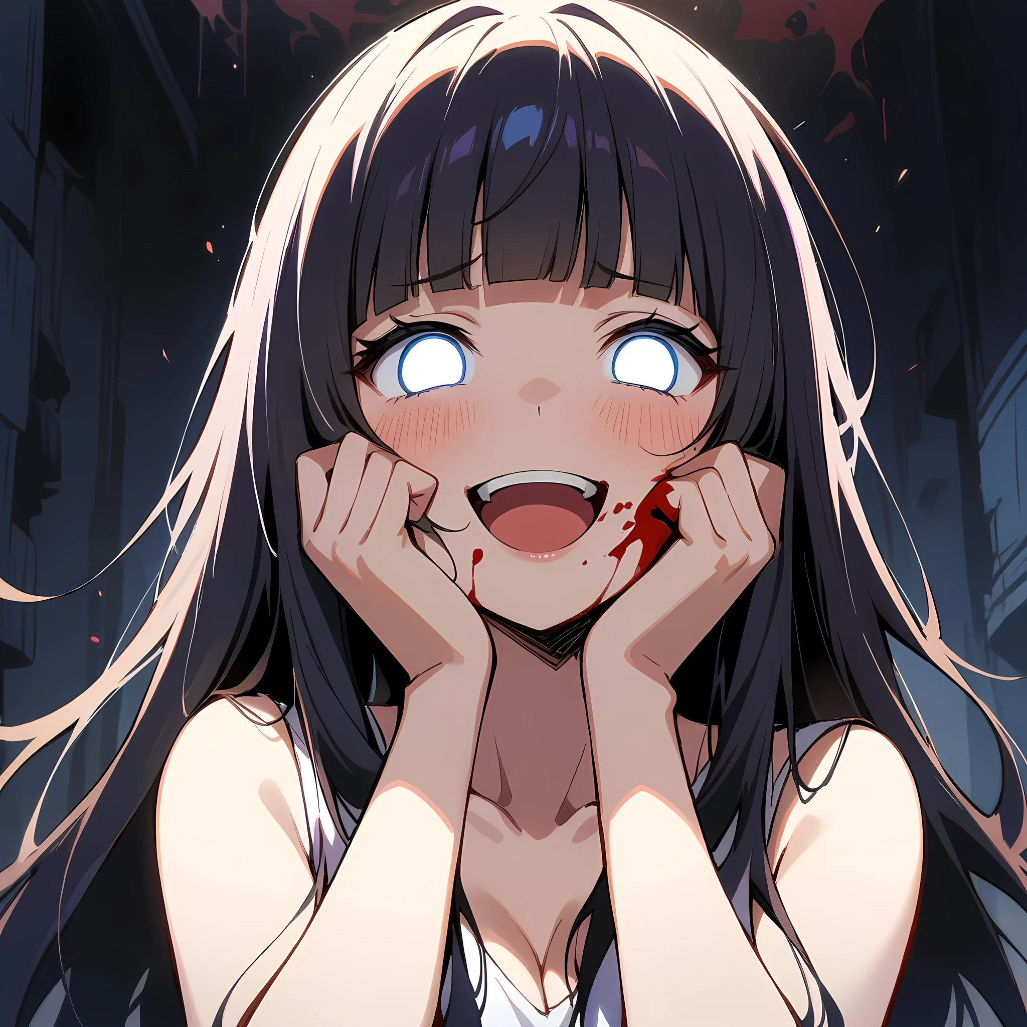 from below, 1girl, upper body,face close-up,smile, open_mouth,blood_on_face,blood_on_body, yandere, blush, yandere_trance, shadow_on_eyes, shaded_face,hands_on_own_cheeks, hands_on_own_face,looking_at_viewer, bare_shoulders,bare_arms,Dark Environment,hell,masterpiece, best quality, very aesthetic, absurdres, horror, blood,death,ruin,black background,hyuuga_hinata, naruto_(series), naruto_shippuuden, 1girl, white_eyes, no_pupils, black_hair, blunt_bangs, byakugan, hime_cut, large_breasts, long_hair,