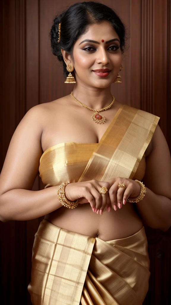 Foto RAW, Photographic recreation shoot Inspired from art by mohanan manimala, dressing style like Poonguzhali in Ponniyin Selvan,bare chest covered by sari,Mundum Neriyathum Saree Drape, traditional mundu, traditional south indian saree draping, Swollen and enlarged breasts, sensual pleasure, erotic photoshoot,best quality,sleeveless blouse,off shoulder dress,queen of Lust,appealing physique, sultry woman, modern sleeveless blouse, her sensual & bold Avataar, extremely gorgeous and hot milf, modelshoot, profile photoshoot,mastershot, model photography, retouched, movie stills shoot, modelshoot Inspired by art of mohanan manimala, revealing clothes, her exposed charming figure, appealing physique, pale skin, Beautiful lady, extremely gorgeous woman, mallu traditional wear, party wear, designer saree,sexy woman, wedding party wear, hot sleeveless blouse, sexy designer dress, designer blouse, braless, hot party wear, spotless skin, designer sari, fashion saree, 45 years old, sexy sleeveless blouse, armpits exposing,modern Indian aunties, sexy Indian housewife, desi bhabhi hot, sexy giant woman like figure, seductive body, wearing palla, Indian traditional bandeau crop top bra, huge breast, milk tank, mallu woman, mallu actress, mallu aunty, mallu sari model, mallu actress, lusty, perfect thick body, fleshy figure, highly detailed, intricate, flawless, pheromones dropping figure, seductive expression, beautiful face, juicy figure, perfect face, perfect eyes, perfect fingers, round shaped face, curvy, mallu bhabhi,mallu woman,mallu Beauty, Kerala Beauty, Kerala aunty,Kerala wife, skin texture, hot, small hairs on armpits, unshaved underarm, armpit crease, captivating, lusty, charming, attractive figure, mature woman, Kerala model, Kerala actress, nails can be hidden,queen of Lust,High clarity eyes, gigantic figure,extremely seductive, extremely seductive dress,(pele altamente detalhada: 1.2), 8k UHD, DSLR, soft-lighting, alta qualidade, grain of film, Fujifilm XT3