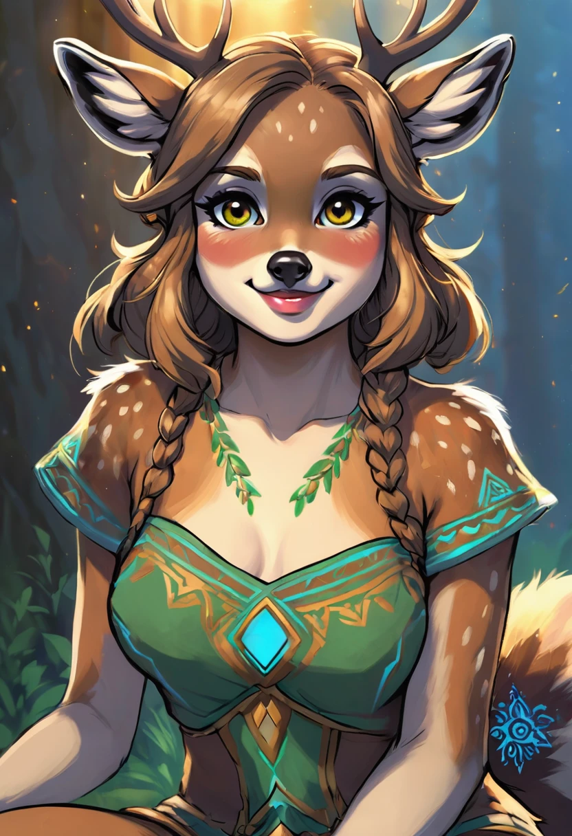 Create an illustrated, hand-drawn, full-color image of an anthropomorphic deer girl. The artwork should be rendered in the style of "Breath of the Wild," featuring warm lighting and shadows. Include graphite shading, stencil marks, and airbrushed acrylic paint effects. The image should be of the highest quality, a masterpiece with intricate details.
The raccoon girl should have a female, humanoid, furry appearance with grey skin. She should have luscious lips, a wide smile, and bright, expressive eyes, exuding beauty, cuteness, and adorableness. Ensure the image is high resolution and sharply detailed, with a detailed and vibrant background.
Incorporate mystical lighting in the background, creating a romantic and enchanting atmosphere.