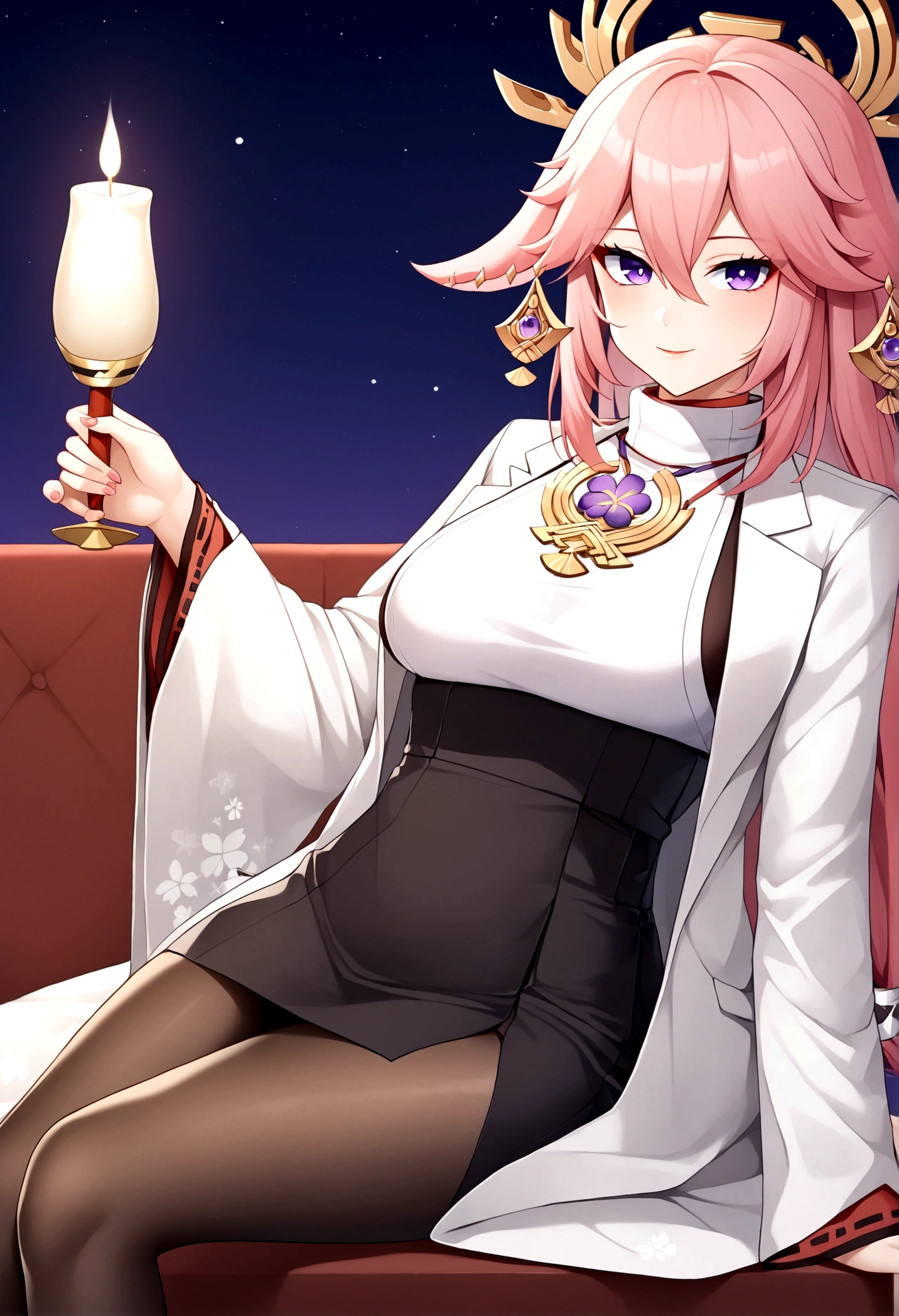 1girl, solo, yae miko, looking at viewer, business suit, white shirt, white coat, black pantyhose, long coat, black skirt, holding, holding candle, black backround, sitting, yae miko, Fox girl, fox ears, CG:1.9, ultra detailed:1.9, ultra-detailed:1.9, high resolution:1.9, high res:1.9, absurdres:1.9, masterpiece:2, high quality:2, best quality:2,