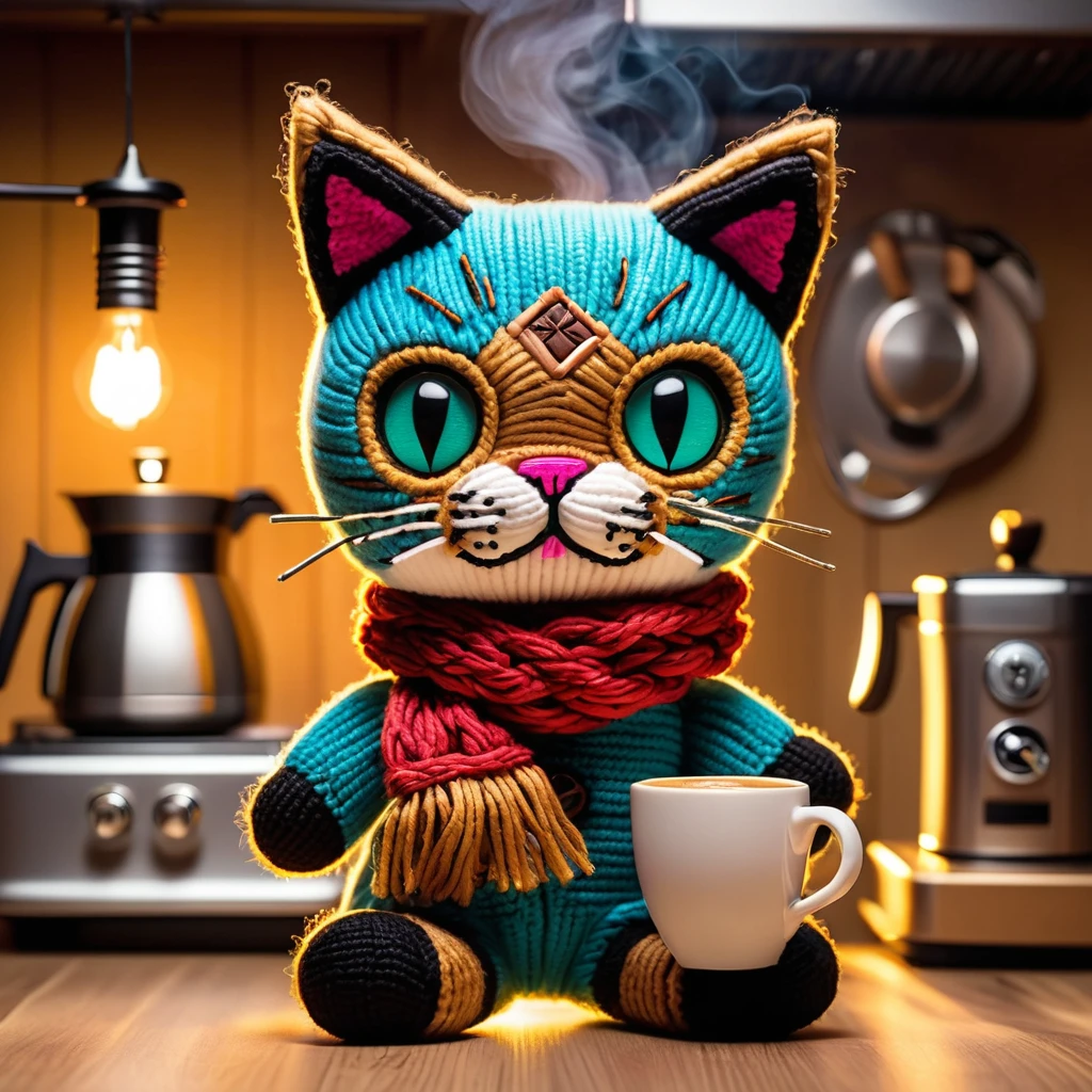 (knitted toy voodoo doll:1.7), (Voodoo Cat:1.3), (Coffee Lover:1.3), (Clothing: cozy scarf with coffee bean patterns:1.0), (Accessories: enchanted coffee cup emitting warm light, levitating coffee beans:1.1), (background: cozy kitchen with floating mugs, glowing coffee machine, and spectral steam:1.2), best quality, masterpiece, detailed soft oil painting, detailed background, dramatic cinematic lighting, soft edge lighting, professional, dramatic lighting, hard edge lighting, ultra quality, 4k, masterpiece, best quality, 8k, ultra high definition, high resolution, extremely detailed