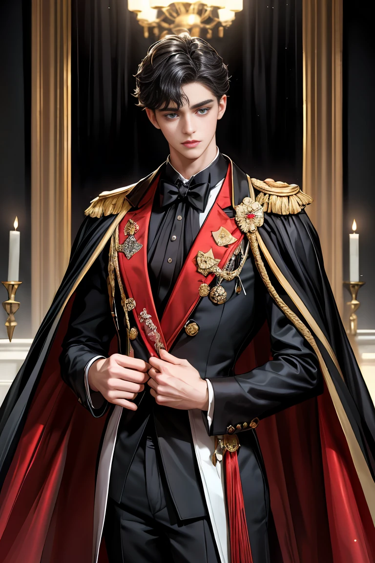 masterpiece, 最high quality, high quality, 1 boy, alone, Male focus, Watching the audience, Messy black hair, Adorable big blue eyes, White people, Noble, Noble,Sexy voluminous black and red cape、Tuxedo、A very voluminous, large, very large, very large, long, long red and black cape with a high stand-up collar, reaching down to the floor, made of a lot of fabric., ,Cute beautiful boys,Cute, cute, kind, handsome guy