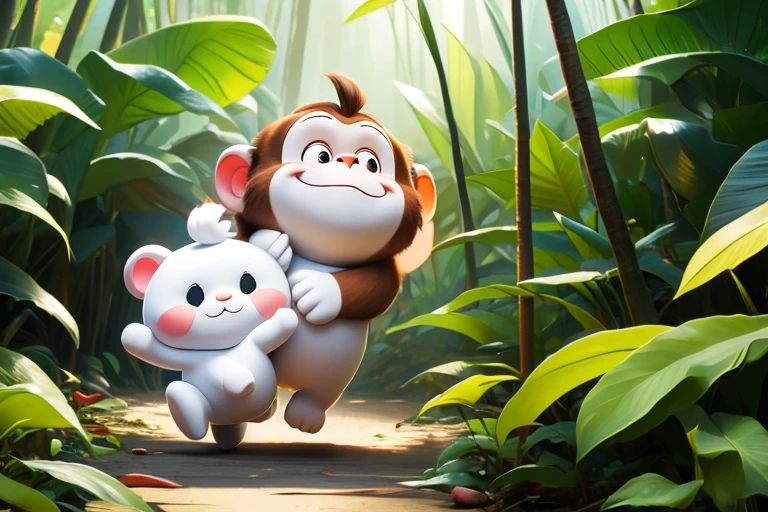 little monkey hugging his small white stuffed toy, in a hurry. tropical forest background