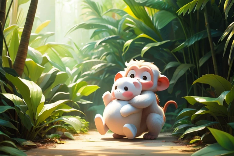 little monkey hugging his small white stuffed toy, in a hurry. tropical forest background