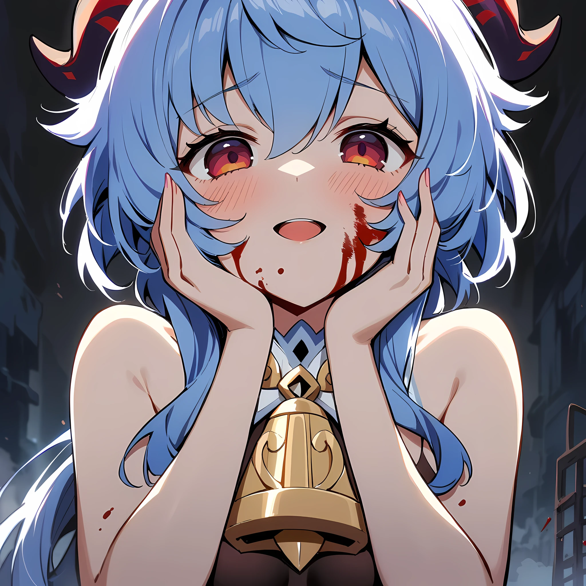 from below, 1girl, upper body,face close-up,smile, open_mouth,blood_on_face,blood_on_body, yandere, blush, yandere_trance, shadow_on_eyes, shaded_face,hands_on_own_cheeks, hands_on_own_face,looking_at_viewer, bare_shoulders,bare_arms,Dark Environment,hell,masterpiece, best quality, very aesthetic, absurdres, horror, blood,death,ruin,black background,ganyu,ganyu(genshin impact), horns, short blue hair,