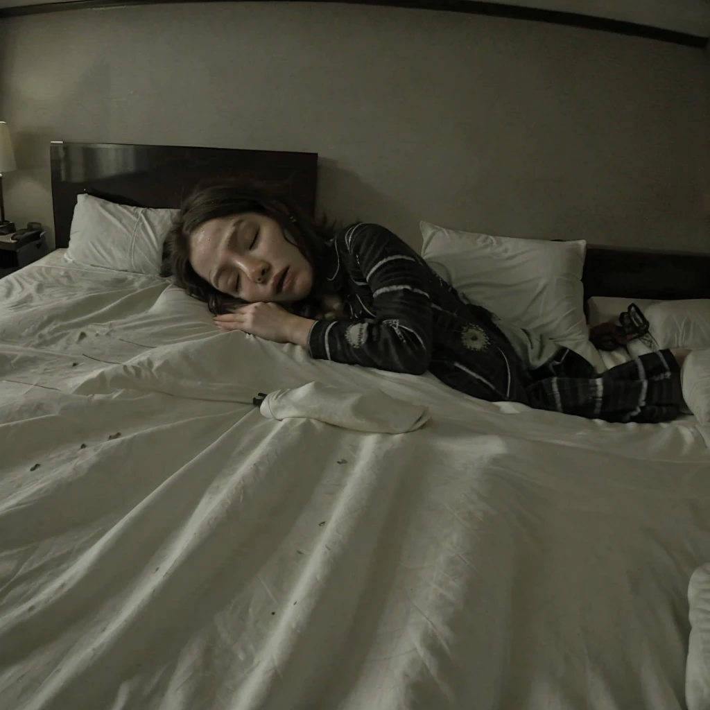 Footage of a Girl sleeping on a hotel room bed, dark, horror, overexposure, video distortion