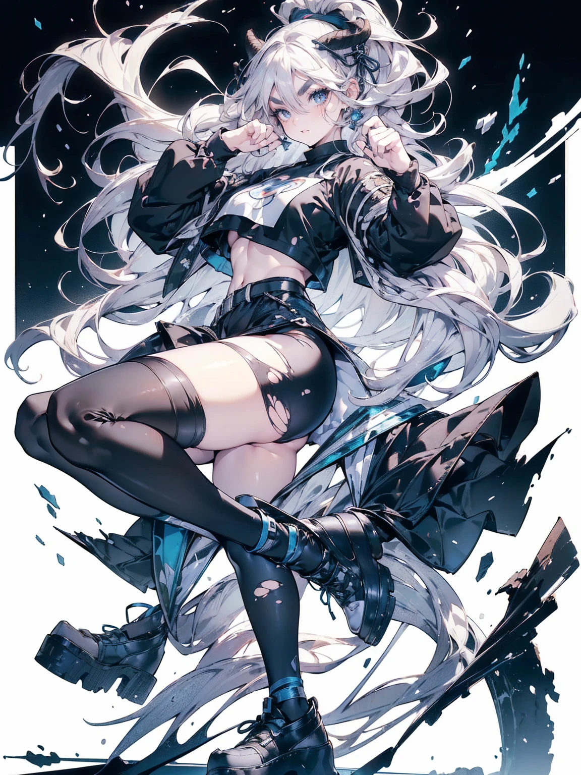 , (White Hair Girl), (Thick, dark blue eyebrows:1.4), (Dark blue eyebrows:1.7), (Thick eyebrows:1.3), (Huge black fluffy animal ears:1.1), (Black animal ears:1.1), BREAK, (((Mesh Stitching Crop T-Shirt, Cutout Long Sleeve Top))),BREAK, (Big Breasts:1.2, Thick legs, Adult female body, Sturdy body:1.5, Japanese style costume:1.5, Beautifully colored kimono:1.5,), ((Action pose:1.4 )), (sharp eyes, Ultra-high definition CG, Precisely designed costumes, 4K, 8K, Ultra-high definition CG, Precisely designed costumes, Clear lines, Expressive and Captivating Eyes, Fine Details and Realistic Textures, cinematic lighting), ((white background)), BREAK, (Wearing black leggings with holes), Skinny sleeves, (Torn and holey leggings:1.2)(Black leggings:1.4), (過剰なRuggedThick soleブーツを履いています:1.2), (Thick sole:1.5), (Big shoes:1.3), ((Beam SE, embarrassed))