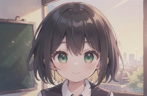 (masterpiece), Best quality, beautiful detailed hair and detailed face, Ultra high resolution, sharp focus, ((1 young woman, One)), (warm pastel color), high saturation, perfect feminine face, upper body, medium close up, Dutch corner, (in the morning:1.5), At school, ((Beautiful eye shape, green eyes)), chestnut brown har, short hair, Smiles, (school uniform:1.2)