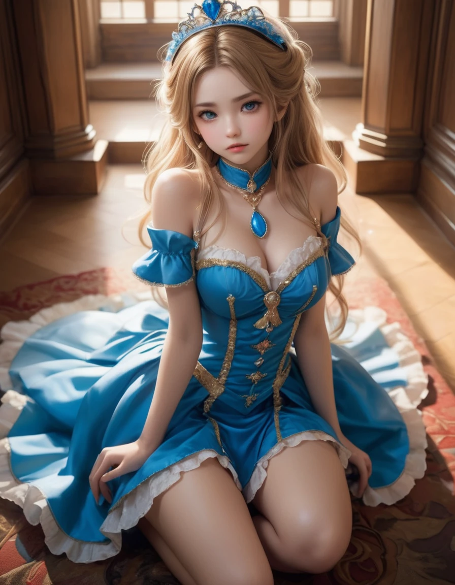 dynamic angle, (close up face), from above, a ultra detailed beautiful photograph, (angry, embarrassed), In a luxurious castle, there is a tsundere gal princess. Her hair is golden, and her eyes are a vivid blue. She is dressed in frilly gal fashion, wearing flashy accessories and high heels. However, her attitude is tsundere, seeming cold at first glance, but harboring kindness in her heart.