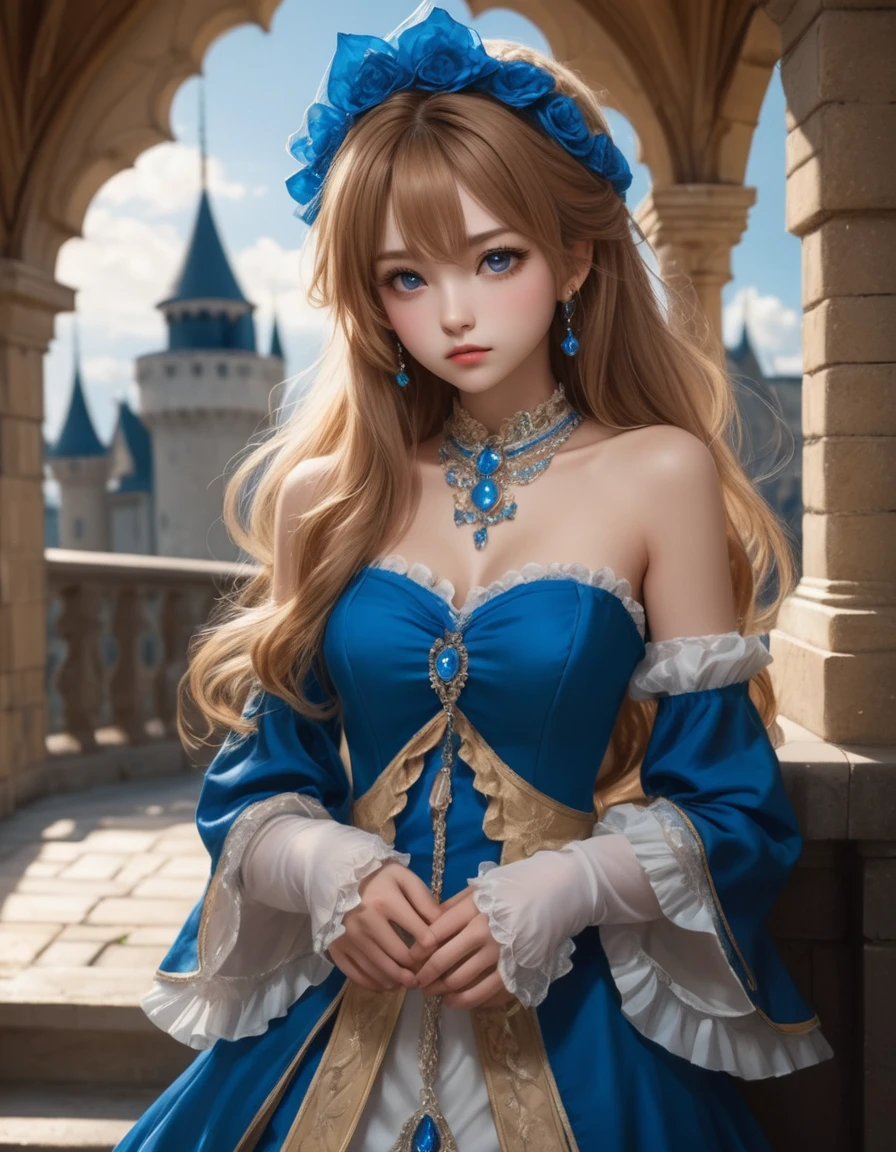 dynamic angle, (close up face), from above, a ultra detailed beautiful photograph, (angry, embarrassed), In a luxurious castle, there is a tsundere gal princess. Her hair is golden, and her eyes are a vivid blue. She is dressed in frilly gal fashion, wearing flashy accessories and high heels. However, her attitude is tsundere, seeming cold at first glance, but harboring kindness in her heart.