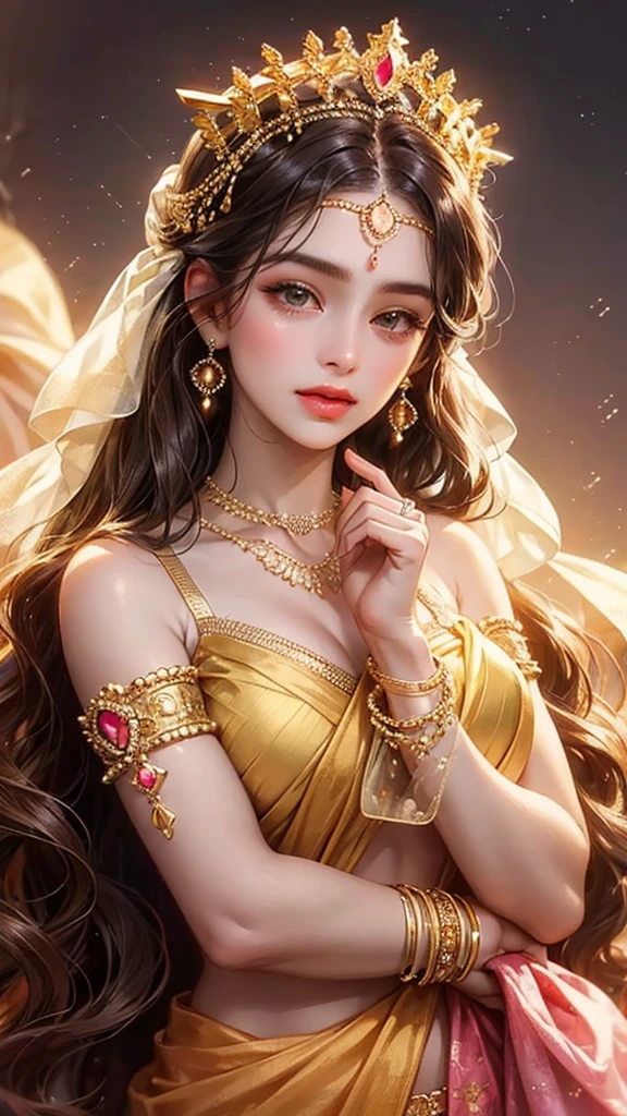 Goddess, very beautiful, animated style, closeup shot, anime in a yellow and pink combination indian saree, long black wavy hair untied, head jewellery, head clips, head chains, head tiara, necklace, long and beautiful earings, armlets, bangles and bracelets, rings, pleasant expression, bright big black eyes, holding a flower, natural beauty, vibrant colors, dreamy, northern light, pink bubble, romantic, soft lighting, vintage aesthetic