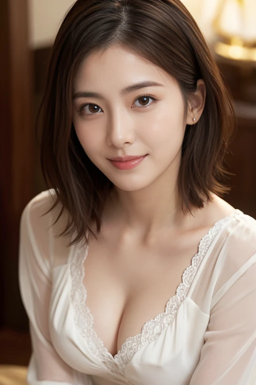 (RAW Photos), (Photorealistic), (masterpiece), (Highest quality), High resolution, 8K, (Intricate details), (Volumetric light), Portraiture, woman, 22 years old, short hair, Straight hair , Layered Hair, Brown Hair, Very beautiful eyes, Source order, Very thin eyebrows, Very fine skin, Very beautiful mouth, Very nice nose, Cute like an idol, Smile, ((Thick lips)), (Looking at the audience ), (Elegant blouse),Cleavage、bra、Large Breasts、