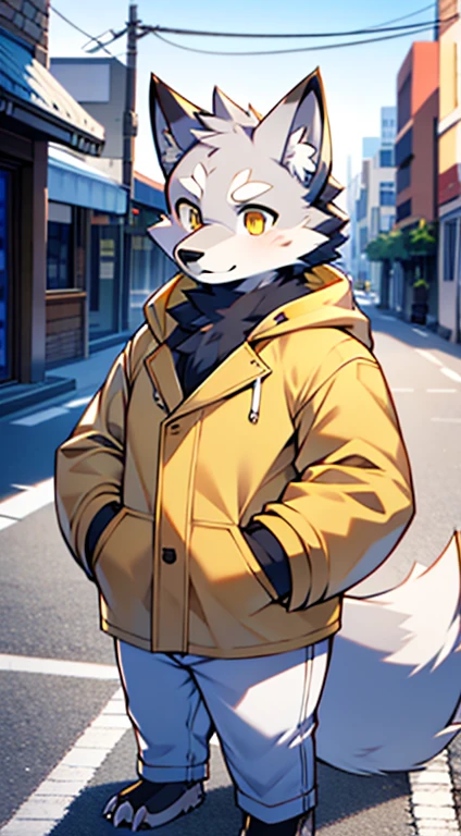 Hairy，Grey fur，male，canid，Arctic fox，One person，Sharp Claws，Fine fur，Golden Eyes，Thick eyebrows，Fluffy tail，Chubby body type，yellow trench coat，White Jeans，Super detailed：1.0，on the road，Detailed Background，Libido Boy，，（Dagashi street：1.1），Anatomically correct