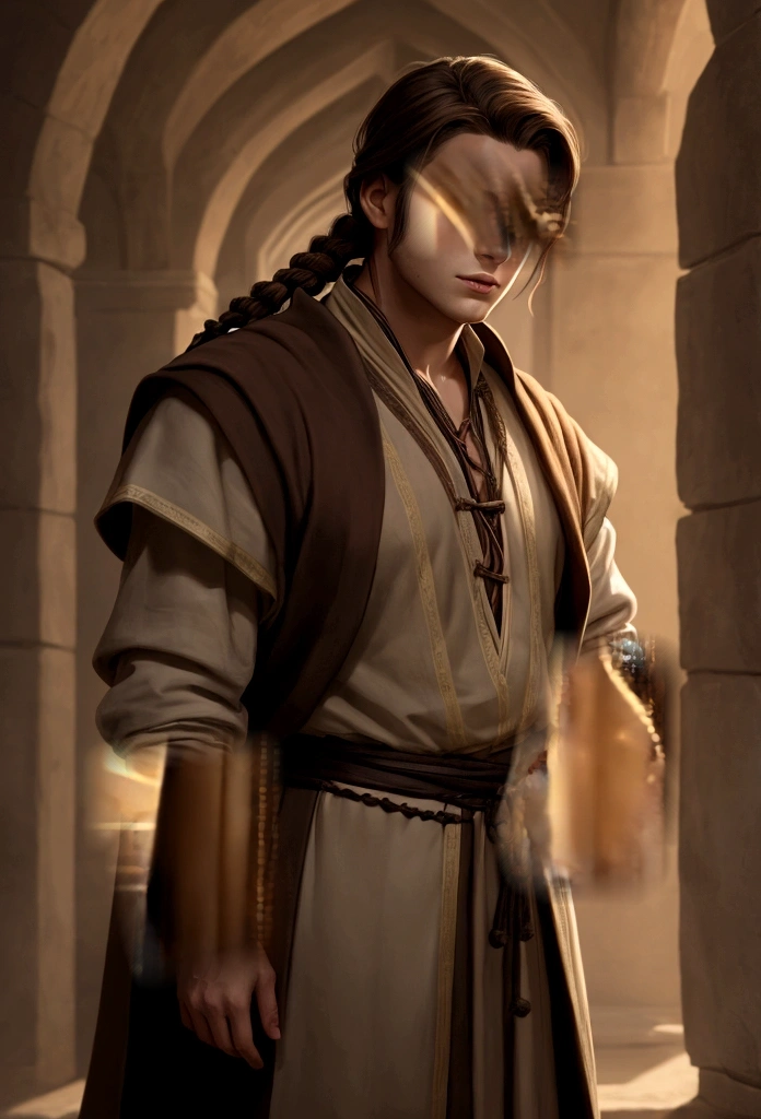 portrait art, young man in robe, half a turn, brown hair with waist-length braid, no beard, medieval era fantasy