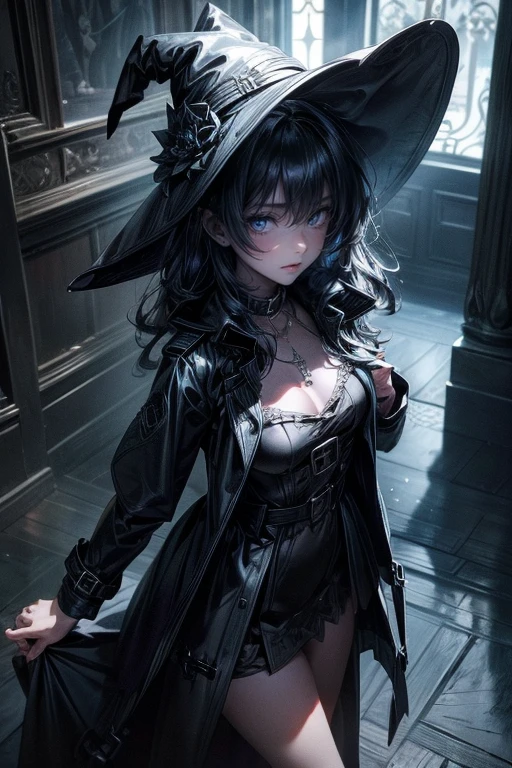 a cute dark-haired witch girl, detailed glowing magic circle on the floor:1.3, extremely detailed witch hat, mischievous smile, wareing extremely detailed (((black trench coat))):1.5, realistic, detailed, high resolution, cinematic lighting, dramatic angles, dark fantasy, moody colors, dramatic shadows, mysterious atmosphere, highest quality, intricate details, photorealistic, 8k, masterpiece:1.2, view from above