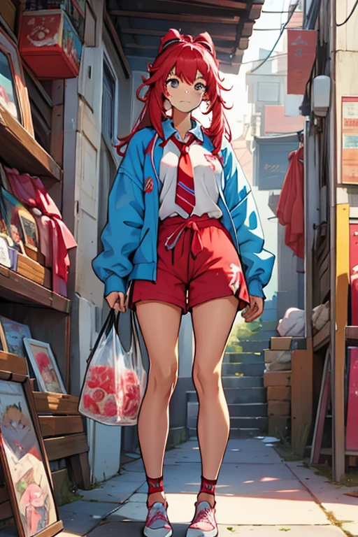 Young woman with hair in two collections blue vincha red pink lenses red tie-dye shorts