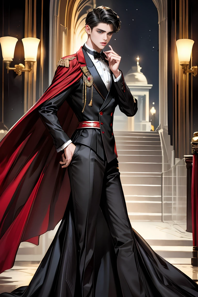 
masterpiece, 最high quality, high quality, 1 boy, alone, Male focus, Watching the audience,  Messy black hair, Adorable big blue eyes, White people, Noble, Noble,Sexy voluminous black and red cape、Tuxedo、A very voluminous, large, very large, very large, long, long red and black cape with a high stand-up collar, reaching down to the floor, made of a lot of fabric., ,Cute beautiful boys,Cute, cute, kind, handsome guy