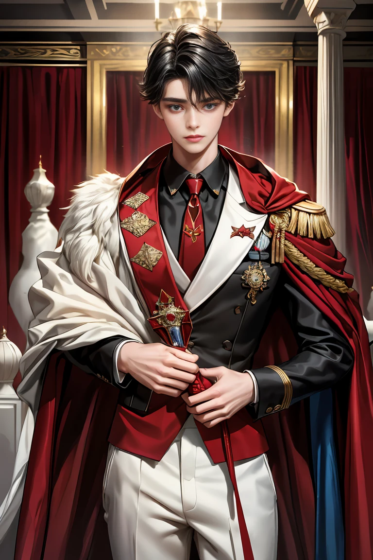 
masterpiece, 最high quality, high quality, 1 boy, alone, Male focus, Watching the audience,  Messy black hair, Adorable big blue eyes, White people, Noble, Noble,Sexy voluminous black and red cape、Tuxedo、A very voluminous, large, very large, very large, long, long red and black cape with a high stand-up collar, reaching down to the floor, made of a lot of fabric., 17 years old,Cute beautiful boys,Cute, cute, kind, handsome guy