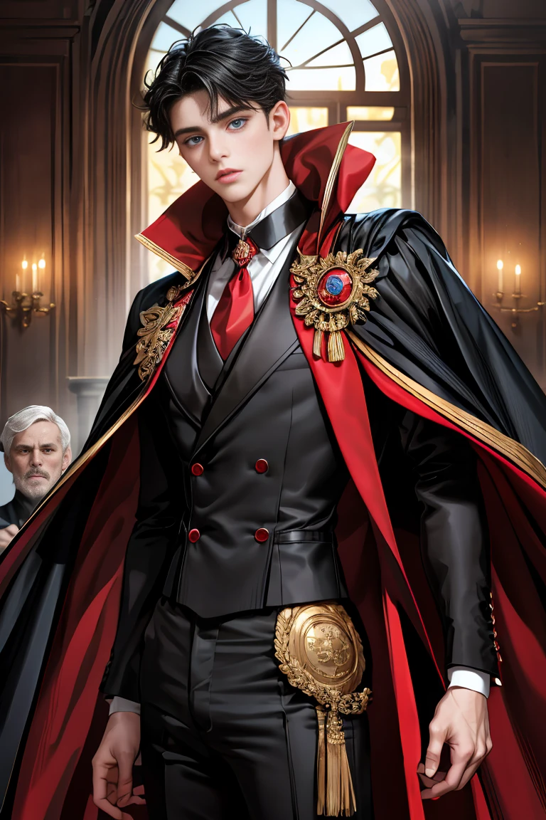 masterpiece, 最high quality, high quality, 1 boy, alone, Male focus, Watching the audience, Messy black hair, Adorable big blue eyes, White people, Noble, Noble,Sexy voluminous black and red cape、Tuxedo、A very voluminous, large, very large, very large, long, long red and black cape with a high stand-up collar, reaching down to the floor, made of a lot of fabric., ,Cute beautiful boys,Cute, cute, kind, handsome guy